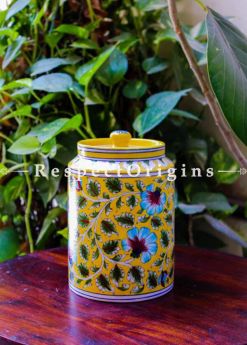 Buy Spice Jar or Canister in Yellow With Blue Floral Design; Handcrafted Jaipuri Blue Pottery; Chemical Free At RespectOrigins.com