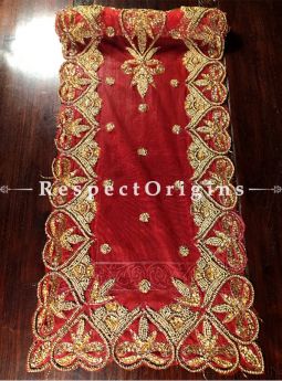 Buy Red Base Table Runner, Golden white Beads, Beadwork Handcrafted 80x20 in At RespectOrigins.com
