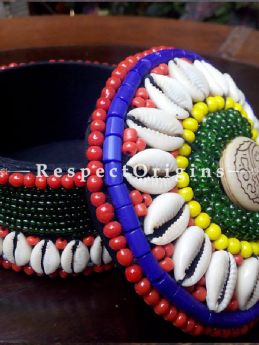 Red, blue and green Jewellery Box With Beads and Sea Shells; Ladakhi Beaded Container; RespectOrigins.com