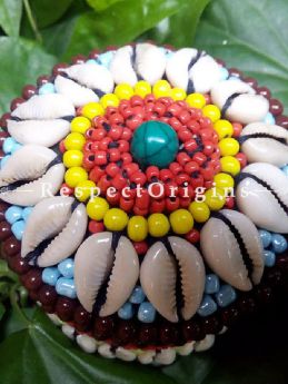 Red, blue and yellow Jewellery Box With Beads and Sea Shells; Ladakhi Beaded Container; RespectOrigins.com