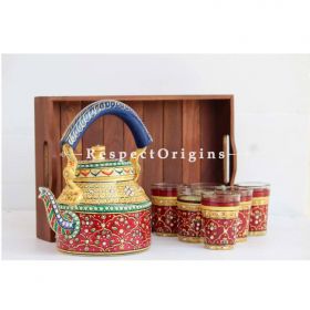 Red and Gold Hand Painted Aluminium kettle set with Wooden tray; RespectOrigins.com