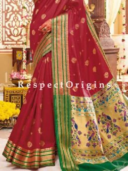 Red Paithani Handloom Silk Saree  with Zari Border; RespectOrigins.com