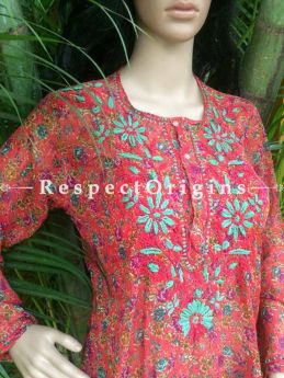 Red Short Chiffon Kurti With blue And Red Color Chikankari Embroidery Work; RespectOrigins.com