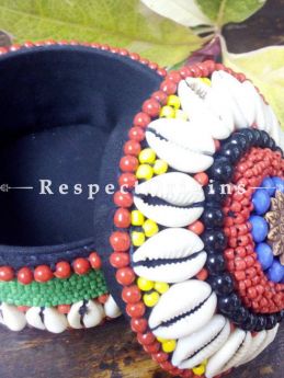 Red, Yellow And Blue jewellery Box With Beads And Sea Shells; Ladakhi Beaded Container; RespectOrigins.com