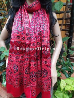 Red Gujarati Ajrakh Block Printed Mashru Silk Stole; RespectOrigins.com