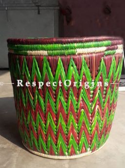 Handwoven Green Multi-Utility Moonj Grass Storage Basket With Lid; Zig Zag Design; Eco-friendly; Natural Fibre; 14X16 inches; RespectOrigins