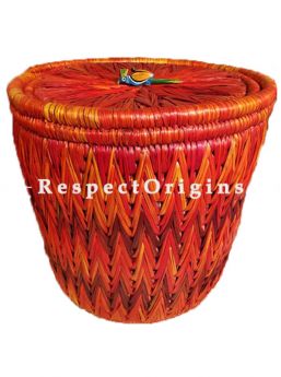 Gorgeous Handwoven Red Multi-Utility Moonj Grass Storage Basket With Lid; Zig Zag Design; Eco-friendly; Natural Fibre; 14X16 inches; RespectOrigins