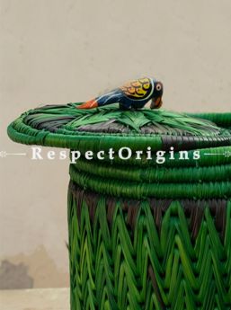 Magnificent Handwoven Green Moonj Grass Storage Basket With Lid; Zig Zag Design; Eco-friendly; Natural Fibre; RespectOrigins