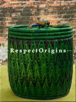 Magnificent Handwoven Green Moonj Grass Storage Basket With Lid; Zig Zag Design; Eco-friendly; Natural Fibre; RespectOrigins