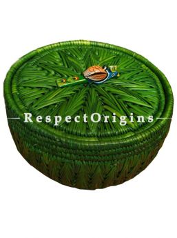 Graceful Handwoven Green Moonj Grass Eco-friendly Round Bread or Fruit Basket With Lid and Wooden Bird Handle; RespectOrigins