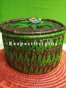 Handwoven Moonj Grass Storage Basket With Lid Zig Zag Pattern; Eco-friendly; Natural Fibre; Green; RespectOrigins