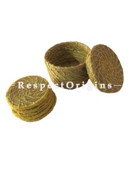 Round Set of 4 Natural Sabai Grass Coasters With yellow Thread Work Borders and Holder; RespectOrigins