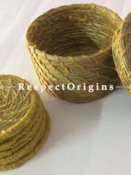 Round Set of 4 Natural Sabai Grass Coasters With yellow Thread Work Borders and Holder; RespectOrigins