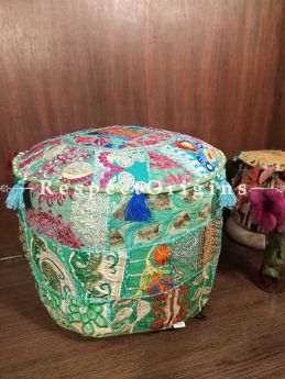 Green Round Shape Gujarati Patchwork Ottoman Poof Cover; Cotton; 14 x 18 Inches; RespectOrigins.com