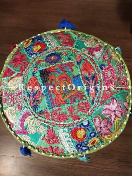 Green Round Shape Gujarati Patchwork Ottoman Poof Cover; Cotton; 14 x 18 Inches; RespectOrigins.com
