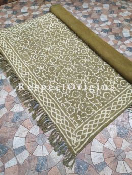 Olive Green Floral Hand-block printed Durrie Floor Area Rugs; width 50  Inches x length 74 Inches at respect origins.com