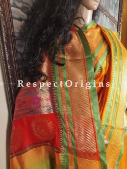 Saffron Orange and Leaf Green Zari Border Paithani Handloom Silk Saree  ; RespectOrigins.com