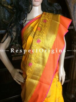 Traditional Yellow-orange Handwoven Banarasi Cotton Silk Saree; Zari Border & Butis, RespectOrigins.com