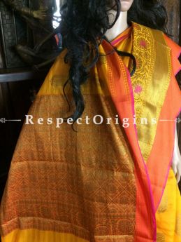 Traditional Yellow-orange Handwoven Banarasi Cotton Silk Saree; Zari Border & Butis, RespectOrigins.com
