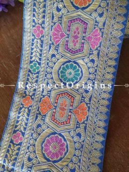 Vintage Benarasi Saree Border with Zari; Beige & Blue; 290 x 4 Inches; RespectOrigins.com