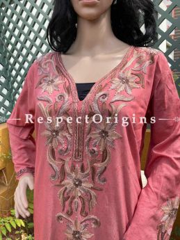 Intricate Ariwork Embroidered Red Kurti on Linen; Free Size; RespectOrigins.com