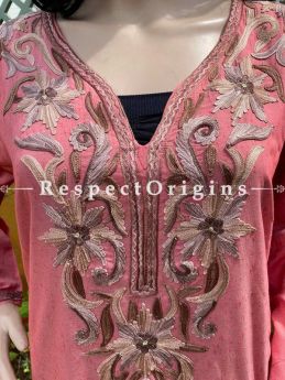 Intricate Ariwork Embroidered Red Kurti on Linen; Free Size; RespectOrigins.com