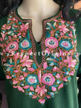 Pashmina Wollen Pheran Green Top with Papier Mache Embroidery; 44 Size; RespectOrigins.com