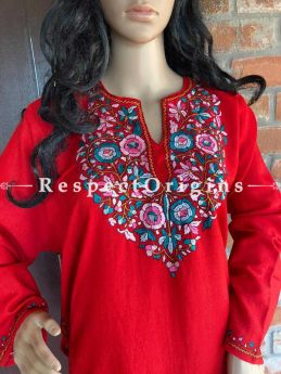 Pashmina Wollen Pheran Red Top with Papier Mache Embroidery; 44 Size; RespectOrigins.com