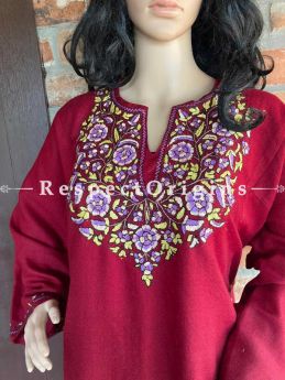 Pashmina Wollen Pheran Maroon Top with Papier Mache Embroidery; 44 Size; RespectOrigins.com