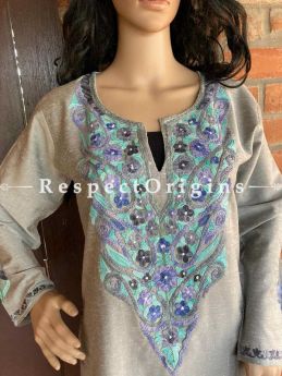 Grey with Blue Ariwork Embroidered Kurti on Linen; Free Size; RespectOrigins.com