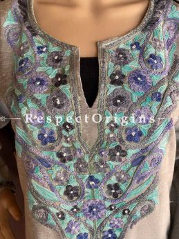 Grey with Blue Ariwork Embroidered Kurti on Linen; Free Size; RespectOrigins.com