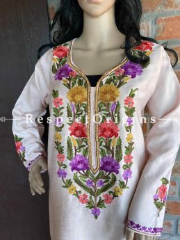 Ariwork Embroidered Cream With Red, Green and Purple Kurti on Linen; Free Size; RespectOrigins.com