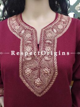 Luxurious Soft Semi-Pashmina Cherry Red Kashmiri Pheran Top with Tilla Embroidery; Free Size.Gift for Christmas ; RespectOrigins.com