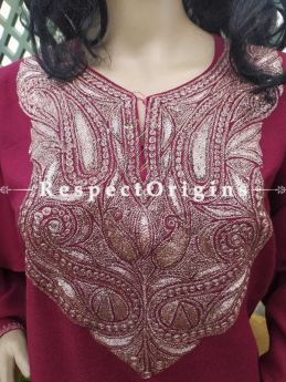 Luxurious Soft Semi- Pashmina Red Kashmiri Pheran Top with Tilla Embroidery; Free Size  Christmas Gifts.; RespectOrigins.com