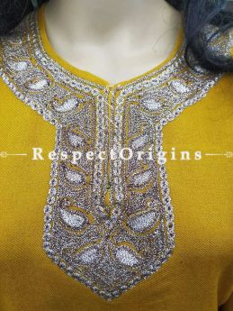 Luxurious Soft  Semi-Pashmina Mustard Yellow Kashmiri Pheran Top with Tilla Embroidery; Free Size; RespectOrigins.com