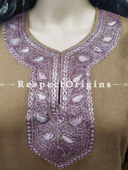 Luxurious Soft Semi-Pashmina Brown Kashmiri Pheran Top with White Tilla Embroidery; Free Size; RespectOrigins.com