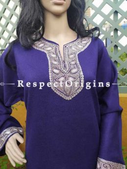 Luxurious Soft Ladies Pheran, Kashmiri, Tilla Embroidery on blue base, Semi Pashmina; RespectOrigins.com