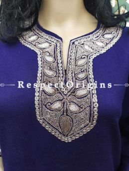 Luxurious Soft Ladies Pheran, Kashmiri, Tilla Embroidery on blue base, Semi Pashmina; RespectOrigins.com