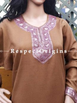 Luxurious Soft Semi-Pashmina Brown Kashmiri Pheran Top with White Tilla Embroidery; Free Size; RespectOrigins.com