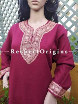 Luxurious Soft Semi-Pashmina Cherry Red Kashmiri Pheran Top with Tilla Embroidery; Free Size.Gift for Christmas ; RespectOrigins.com