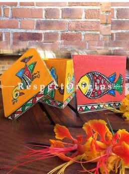 Buy Set of 2 Madhubani art Wooden Box With fish and peacock and Best used to keep dry fruits etc. 4x4x4 in At RespectOrigins.com