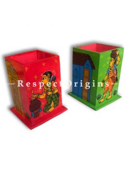 Buy Gorgeous and Colorful Cheriyal Painting Pen Holder or stationary holder in Red and Green, Set of 2; Wood At RespectOrigins.com
