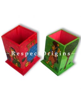 Buy Gorgeous and Colorful Cheriyal Painting Pen Holder or stationary holder in Red and Green, Set of 2; Wood At RespectOrigins.com
