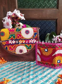 Buy Luxury Hand Embroidered Genuine Leather Bag with Pink Card Holder; Set of 2; RespectOrigins.com
