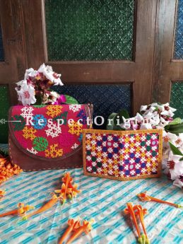 Buy Luxury Hand Embroidered Genuine Leather Bag with Yellow Card Holder; Set of 2; RespectOrigins.com