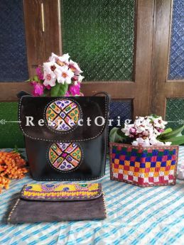 Buy Luxury Hand Embroidered Genuine Leather Bag with Black Clutch and Brown Card Holder; Set of 3; RespectOrigins.com