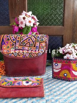 Buy Luxury Hand Embroidered Genuine Leather Bag with Brown Clutch and Blue Card Holder; Set of 3; RespectOrigins.com