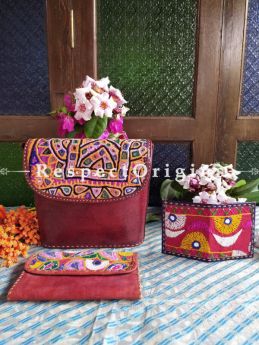 Buy Luxury Hand Embroidered Genuine Leather Bag with Brown Clutch and Blue Card Holder; Set of 3; RespectOrigins.com