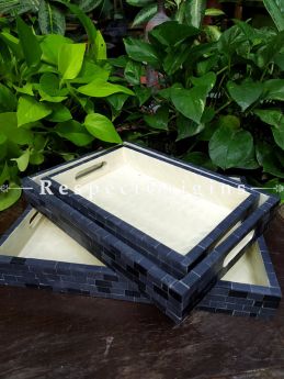 Set of 3 Rectangular Serving Trays with Mother of Pearl Style Handiwork in Blue and White; RespectOrigins.com