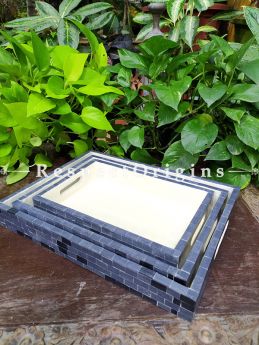 Set of 3 Rectangular Serving Trays with Mother of Pearl Style Handiwork in Blue and White; RespectOrigins.com